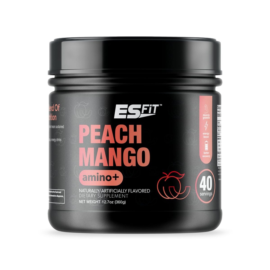 Amino+ Powder - Pre y Post Workout with Caffeine + Green Tea Extract - BCAA, Amino Acids, Zero Sugar, Low Calorie, Superior Taste, 40 Servings (Peach Mango)