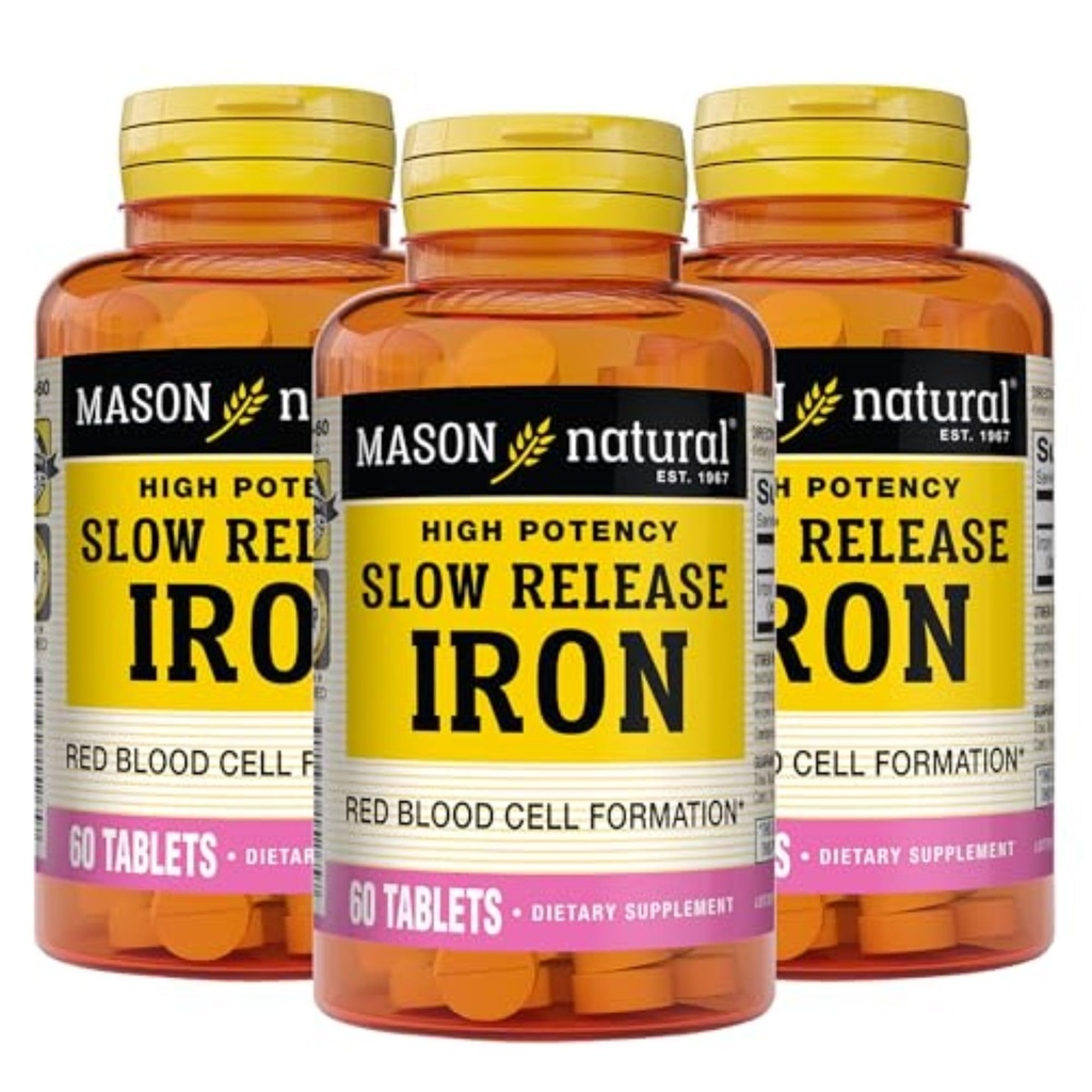 Mason Natural Slow,Release Iron (Ferrous Sulfate) 50 mg Tablets, 180 Day Supply, High Potency Supplement, Gentle on Stomach, 3 Pack