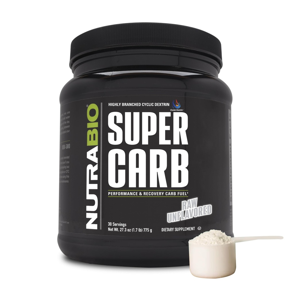 NutraBio Super Carb, Polvo de Carbohidratos con Electrolitos de Dextrin de Cluster, Pólvora de suplemento de carbohidratos avanzados para combustible de entrenamiento, rendimiento y recuperación de músculo, dextrina ciclica, desinflavorado, 30 Sv