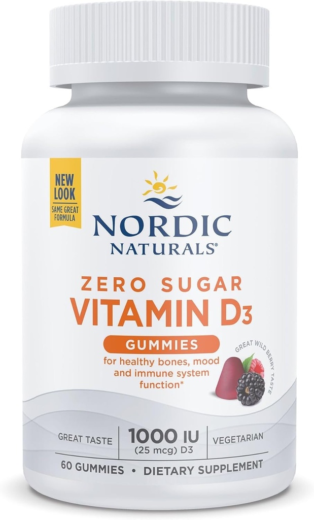 Nordic Naturals Zero Sugar Vitamina D3 Gummies, Wild Berry - 60 Gummies - 1000 UI Vitamina D3 - Gran sabor - Huesos saludables, Mood & Immune System Función - No GMO - 60 servicios