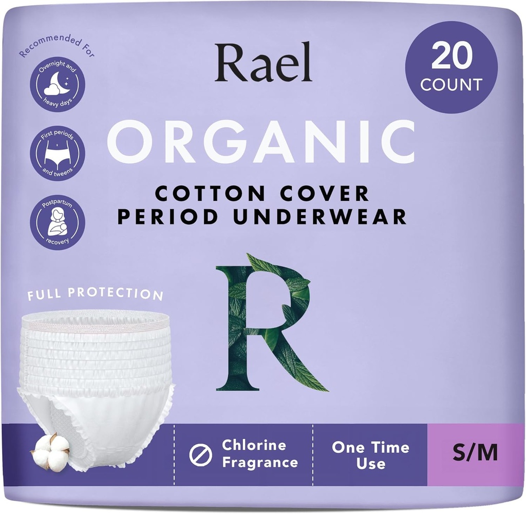 Ropa interior desechable para Mujeres, Cubierta de algodón orgánico - Postparto Esenciales, Leak Locker, No centrado, Cubierta máxima (Tamaño S-M, 20 Conde)