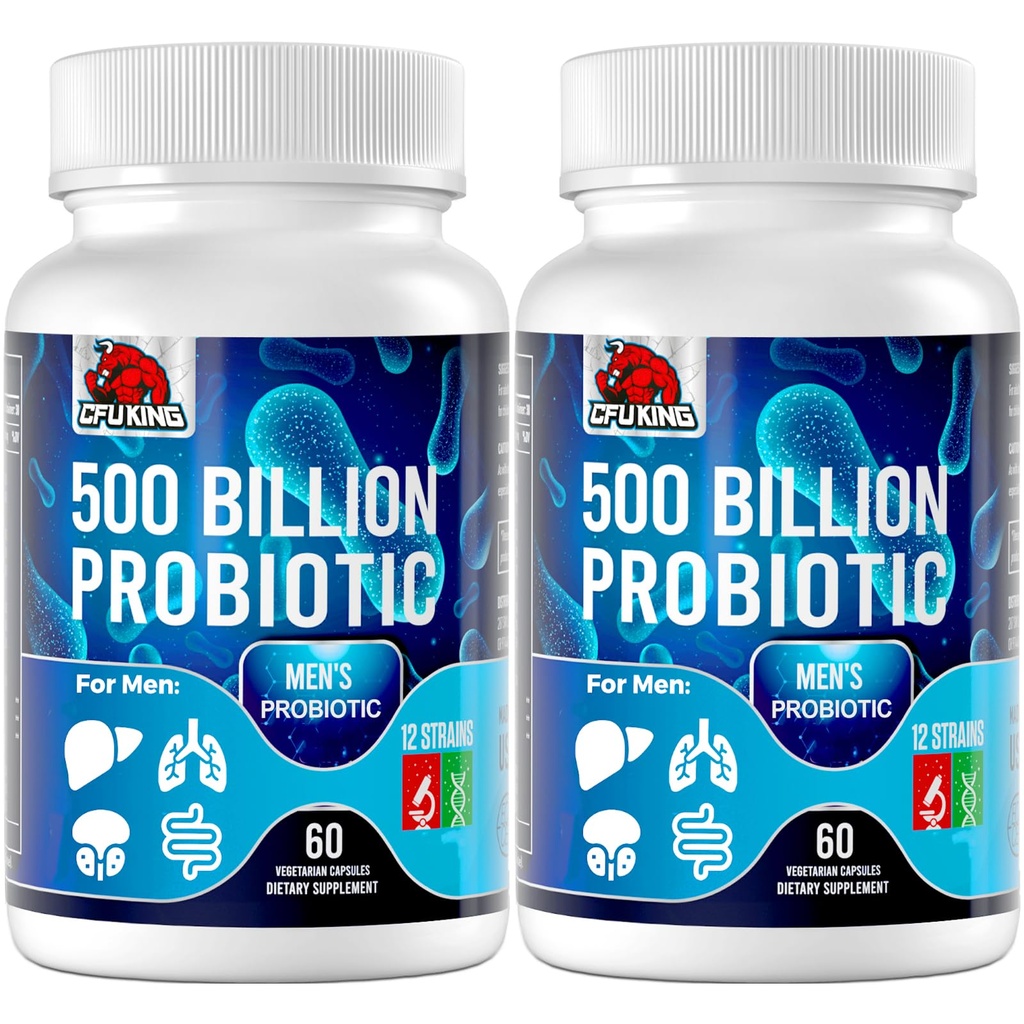 Probióticos para Hombres, 500 millones de millones CFU &amp; 12 hombres Probiótico para Salud Digestiva + 4 fibra orgánica prebiótica, para Digestivo, Gut, Salud Inmune, Bloating, Gas, Energy Support, Estante de Estante - 120 cápsulas