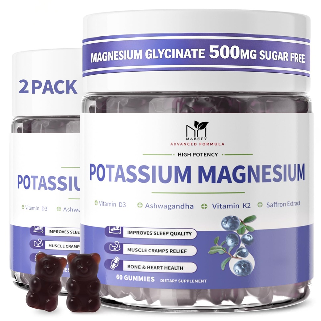 2 Pack Potasio Gummies de Magnesio, Gummies de Potasio Libre de Azúcar con Magnesio Glycinate 500 mg Magnesio Chewable Suplementos de Potasio con Calcio, Zinc, Vitamina para Cánceres de Legislatura