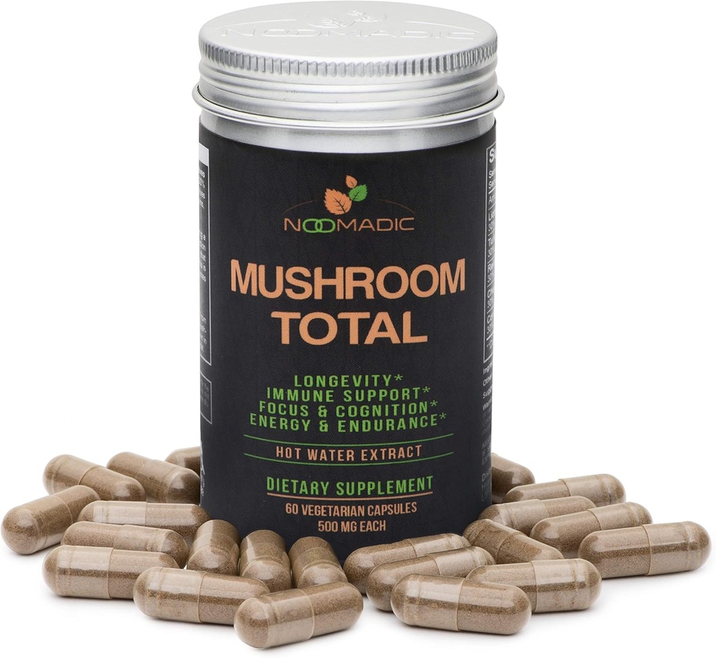 Mushroom Total, 60 cápsulas, 500 mg, 30% Beta Glucans, Adaptogenic Mushroom Complex of Lions Mane, Turquía Tail, Chaga, Reishi, Cordyceps, Hot Water Extract, Fruiting Bodies.