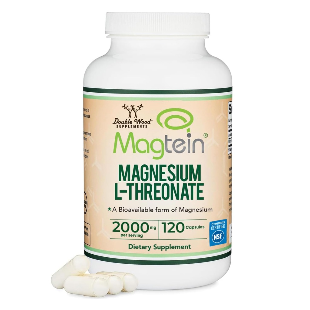 Magnesio L Threonate, Magtein - NSF certificado - sueño y apoyo cognitivo – alta absorción – la forma más biodisponible de magnesio – 2.000 mg – 120 cápsulas