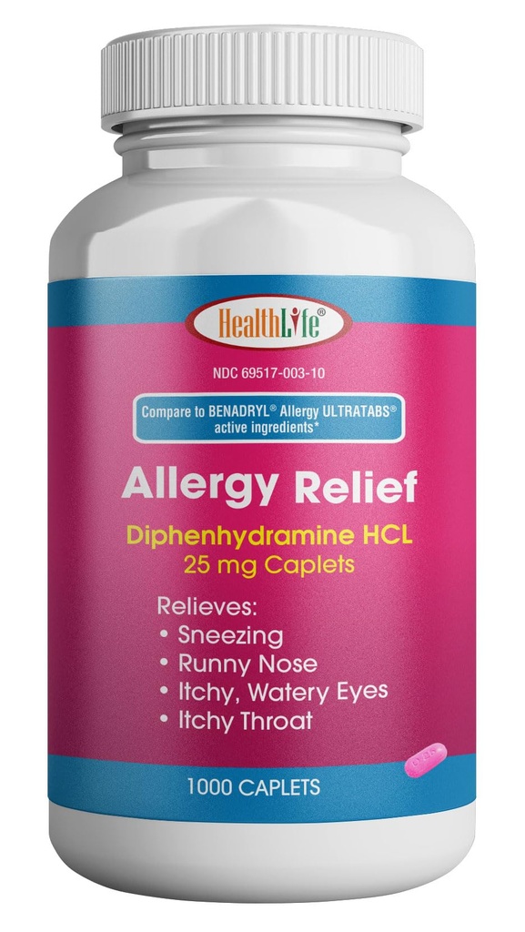 Alivio de la alergia HEALTH LFE, Medicamento Diphenhydramine HCl Caplets, 25 mg  Niños y adultos tóxicos Alivios estornudos, Runny Nose, Hay síntomas de fiebre, Itchy Eyes and Throat (Large, 1000 Count)