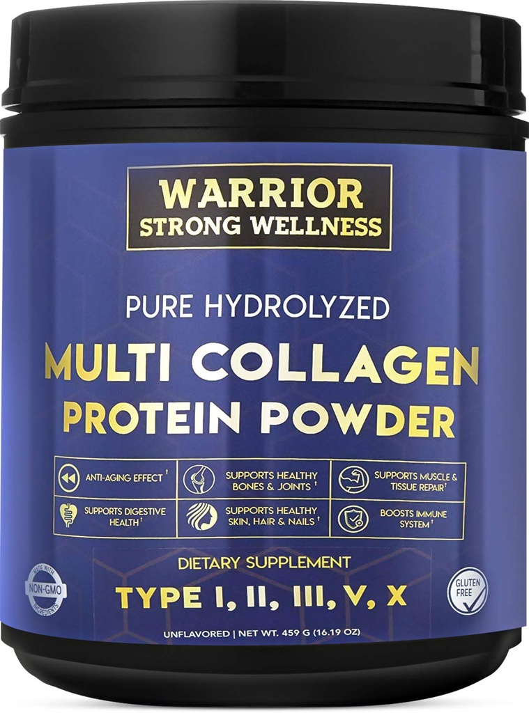 Polvo de proteína multicolagen hidrolizado puro, pólvora de colágeno, energía de botas, para el envejecimiento de la esquía Elasticidad, Hair & Nails Growth Support, Joint Health (Unflavored)