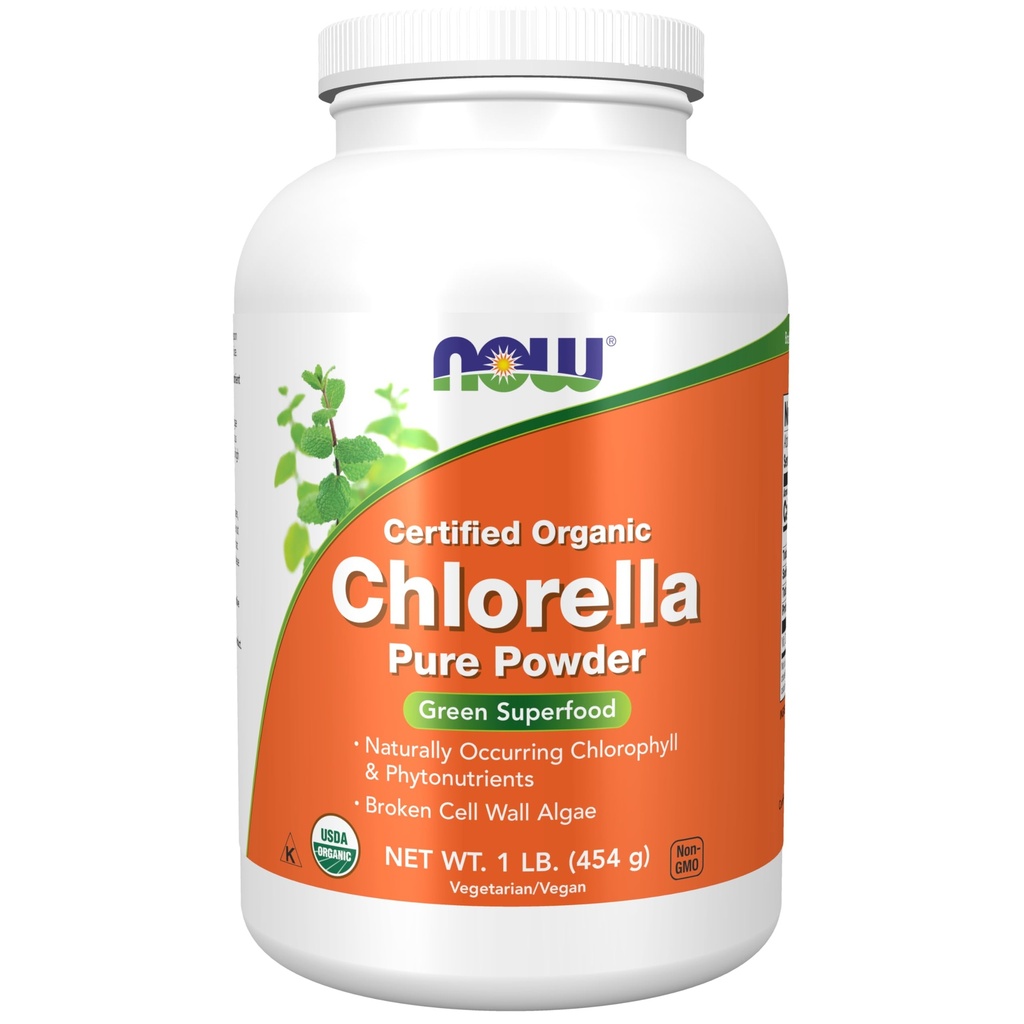 AHORA Suplementos de alimentos, Clorella orgánica Polvo con clorofila natural, betacaroteno, carotenoides mixtos, vitamina C, hierro y proteína, 1 libra