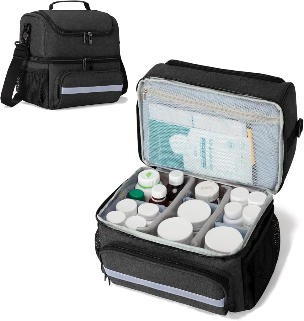 CURMIO Bolsa de almacenamiento de medicamentos, doble capa Organizador de botellas con divisores internos para medicamentos, vitaminas, botellas de prescripción, suministros médicos, negro (diseño de patentes)