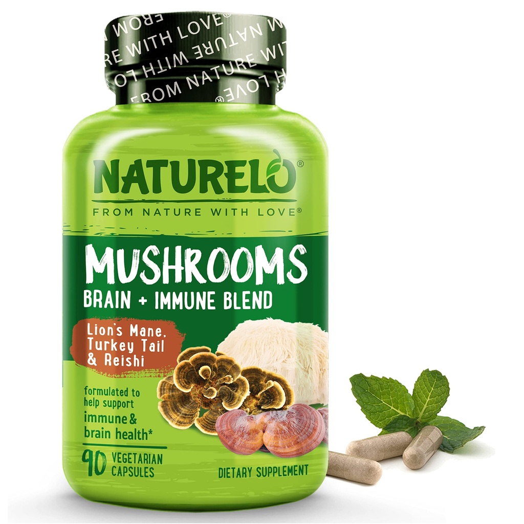 NATURELO Mushroom Suplemento Cerebro &amp; Immune Health Blend with Lion s Mane, Reishi, Turquía Tail 90 Vegan Friendly Capsules