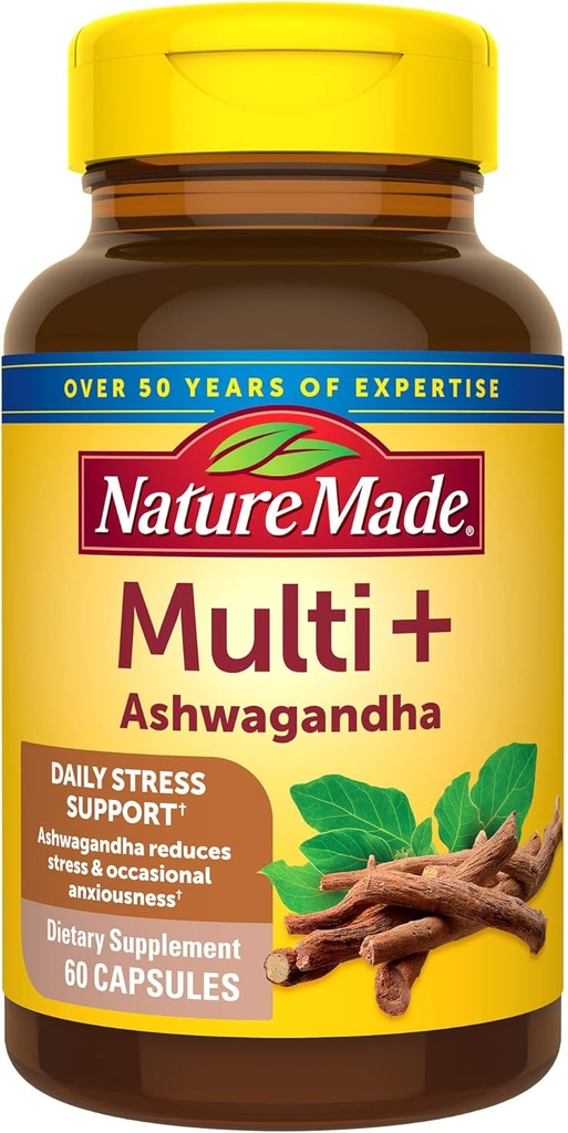 Nature Made Multi + Ashwagandha, Multivitamin for Women &amp; Men for Daily Stress Relief Support, Multivitamin for Men &amp; Womens Vitaminas, 60 cápsulas, Brown