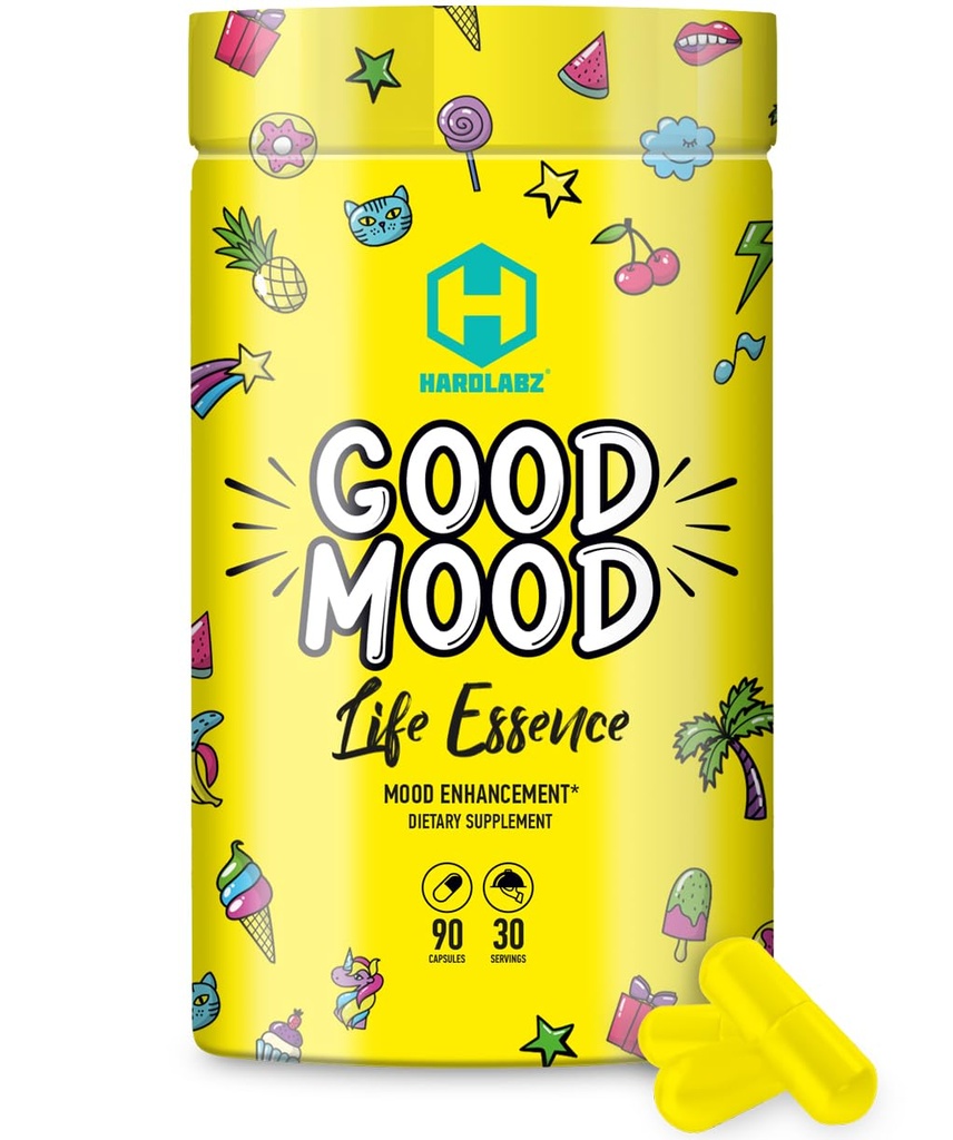 HARDLABZ Buen Mood - Todo Nootrópico Natural con Mane Mushroom de León y Extractos Herbales para el apoyo cognitivo y mental - Rescate del estrés, rendimiento cerebral, mejora del humor, 90 cápsulas