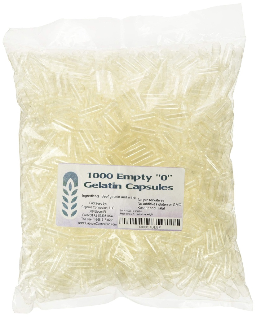 Capsule Connection 1000 Bulk "0" Empty Gelatin Capsules, hecho por Estados Unidos, bolsa resealable