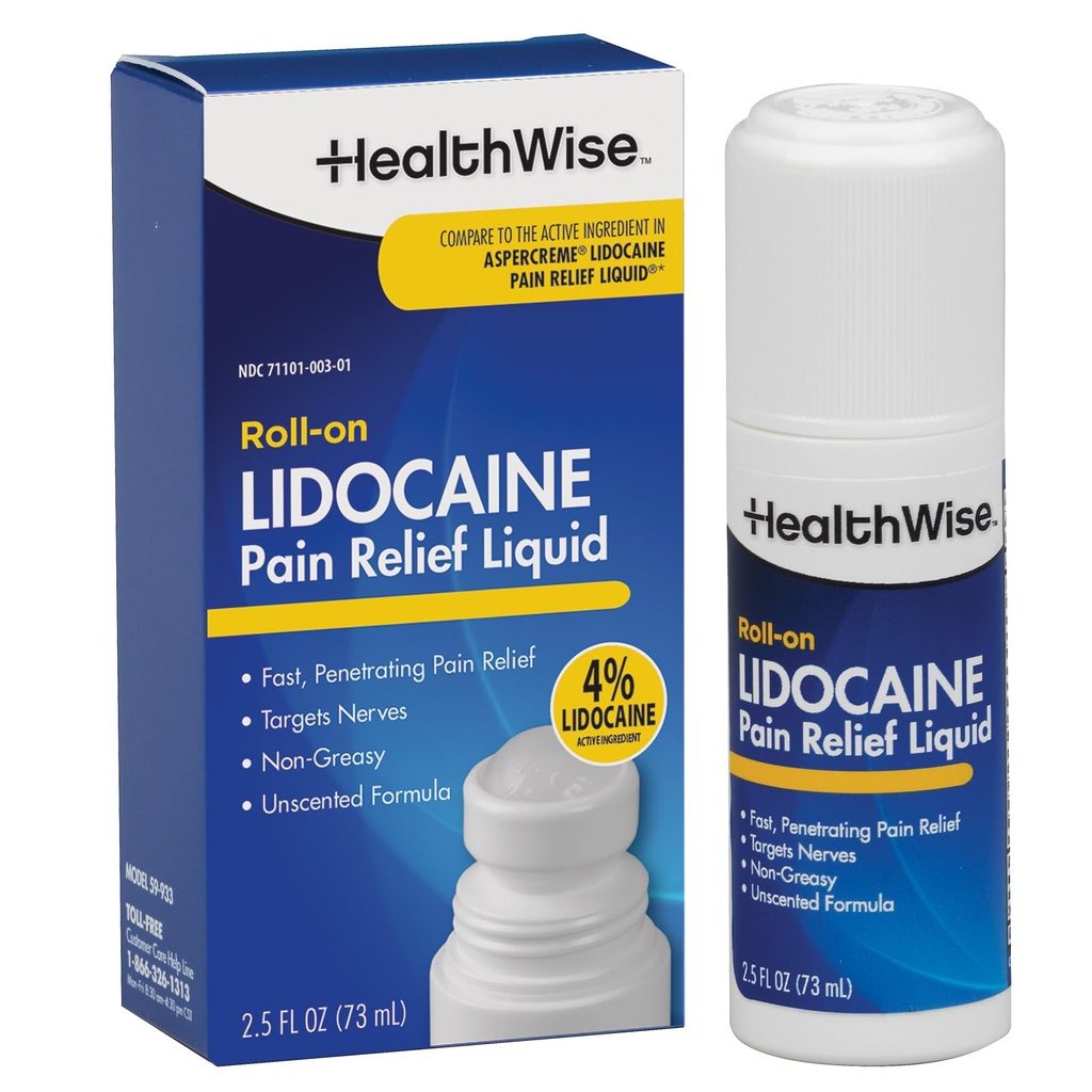 HealthWise 4% Lidocaine Roll-On TEN OTC Strength TENIDO Pain Relief Liquid TENIDO 2.5 oz. 73 mL ANTE No-Greasy, Fórmula no perseguida