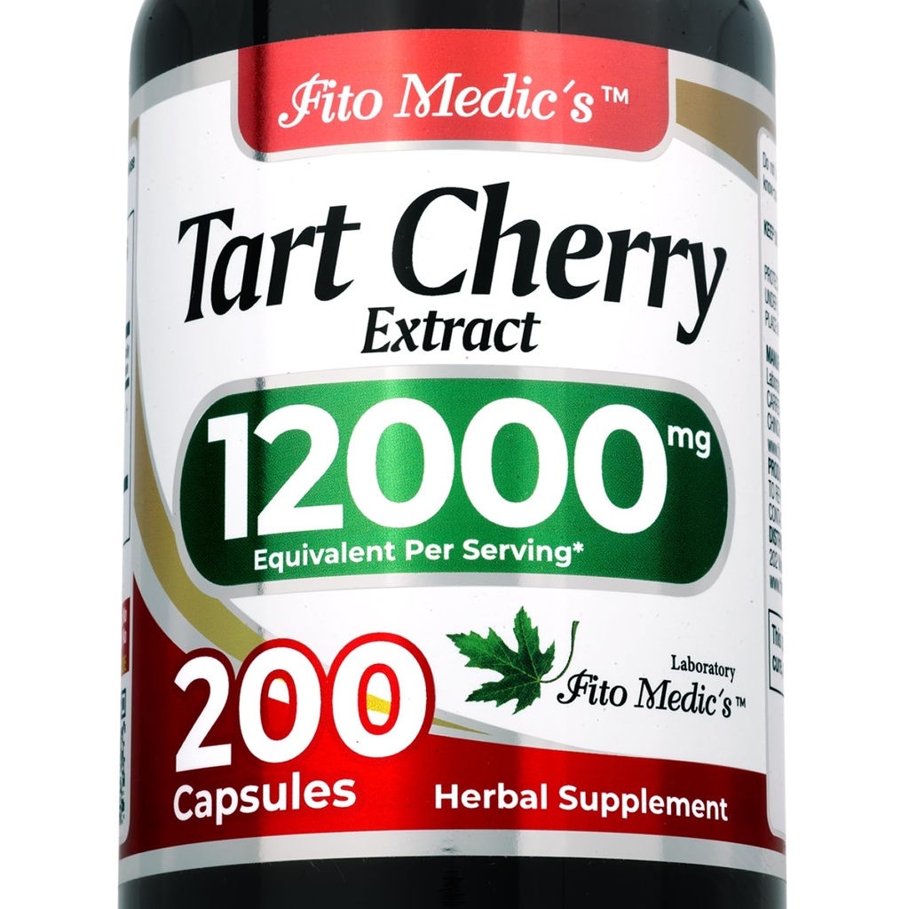 FITO MEDIC'S Lab ← Tart Cherry Capsules ←200 cápsulas TEN12000 mg ANTE Tart Cherry Extract ¦ Cherry Extract ← Concentrate Extract TENUltra high Absorption.