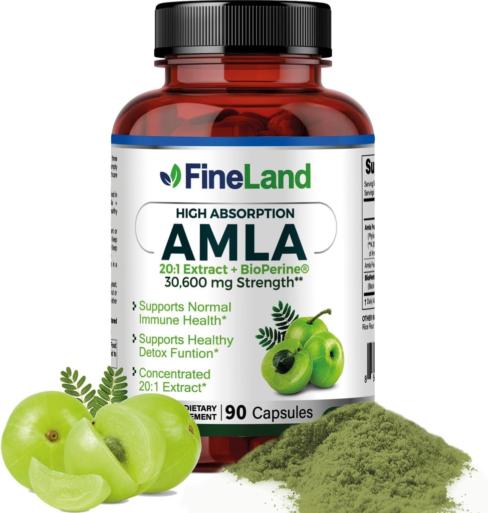 FineLand Amla (Gooseberry indio) 20X Extracto completo del espectro – 30,600 mg Equivalente por Servir con BioPerine® para la Absorción, Rico en vitamina natural C, Immune & Digestive Support – 90 cápsulas Vegan