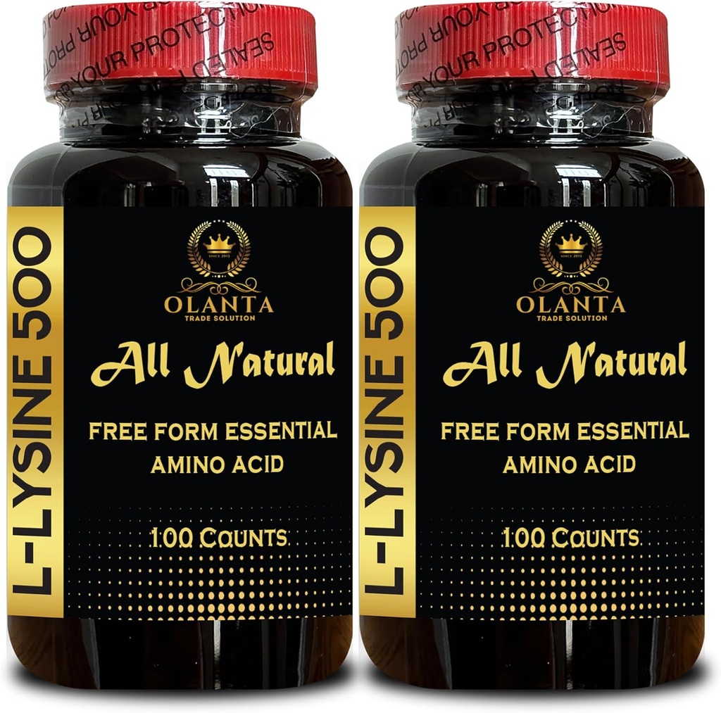 L-LYSINE 500 mg Aminoácidos esenciales - Proporciona equilibrio a una alta ingesta de suplemento de lisina de Arginina L promueve energía, botasts Sistema de inmunidad - 2 botellas 200 condes