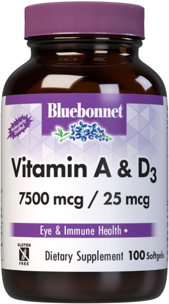 Bluebonnet Nutrition Vitamina A & D3 25,000 UI/1,000 UI del Mar Profundo, Agua Fría, Aceite de Pesca - Para la Salud Ocular Función Inmunitaria* - Gluten Free - Dairy Free - Molecularly Distilled - 100 Softgel/Servings
