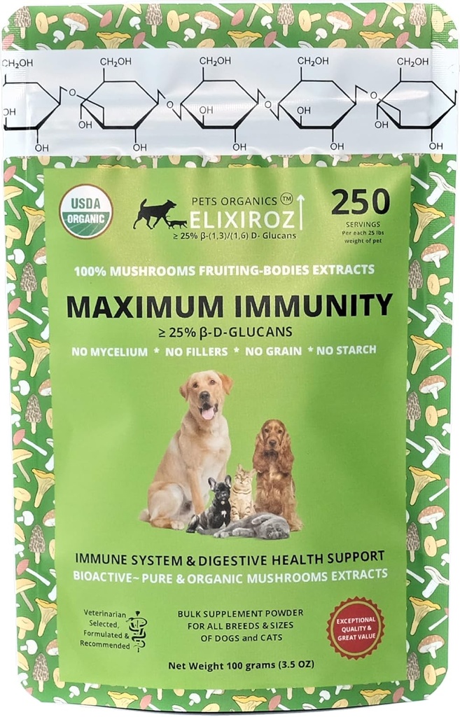 [BRSROZT6DEIW2CLV] Inmunidad máxima √25% β-glucan 100% Mushrooms Fruiting Body Extracts, Veterinarian Recipe for Dogs & Cats Immune, Digestive, Vitamins, Probiotics, with Turkey Tail, Reishi extracts. 250 Servicios