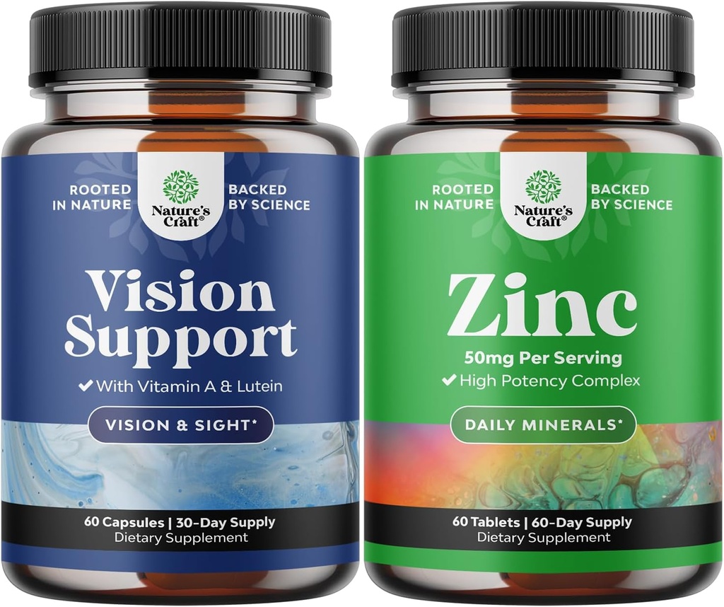 Bundle of Eye Health Supplement for Adults - Lutein 20mg Por Serving for Vision Dry Eyes and Blue Light Protection with Beta Carotene and Zinc 50mg Immune Support to Enhance Hair Skin and Nails