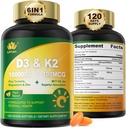 Vitamina D3 10000 UI Plus K2 (MK-7) 100mcg, Vitamina Vegana D3 K2 con Turmérico, Magnesio & Zinc para Absorción de Calcio, Bone & Immune Health, Aceite de Coco para Absorción Alta, Fácil de Tragar, 120 Cts