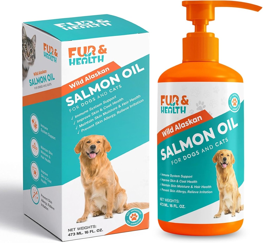 Fur &amp; Health Wild Alaskan Salmon Oil with Omega 3 for Dogs & Cats - Natural Fish Oil Supplement Healthy Skin, Shiny Coat &amp; Joint Support - Pure EPA & DHA Formula for Pet Immune Health 16oz