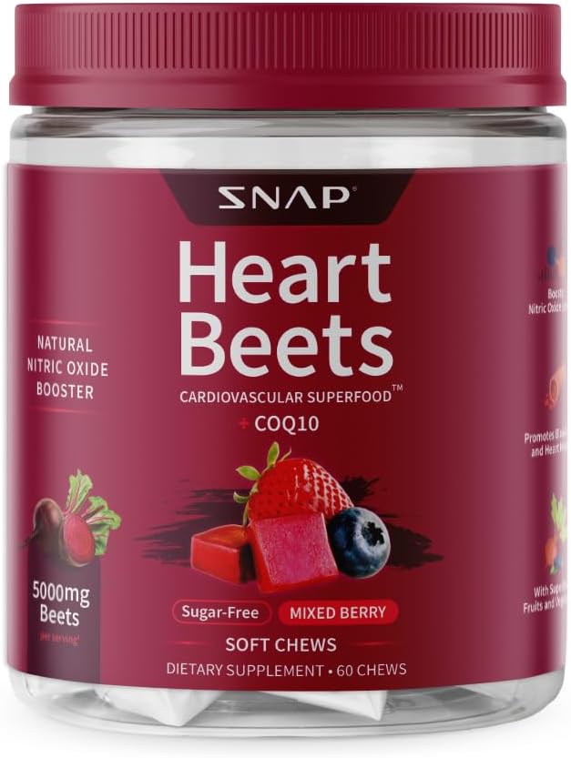 Complementos Beets de corazón Bota de remolacha orgánica Mandíbulas suaves, Suplemento de apoyo cardiovascular para hombres & mujeres, CoQ10 & Espinaca roja, Salud del corazón " circulación Soporte, Azúcar libre, Berry mixto, 60 Chews