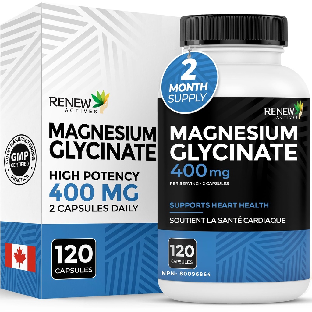 ACTIVOS DE REENEW Magnesium Glycinate 400MG por 2 cápsulas Magnesio puro Bisglycinate para la relajación completa del cuerpo, sueño, músculos, huesos & energía - equilibrio electrolípido - Hecho en Canadá -120 cápsulas