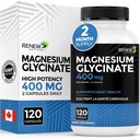 ACTIVOS DE REENEW Magnesium Glycinate 400MG por 2 cápsulas Magnesio puro Bisglycinate para la relajación completa del cuerpo, sueño, músculos, huesos & energía - equilibrio electrolípido - Hecho en Canadá -120 cápsulas