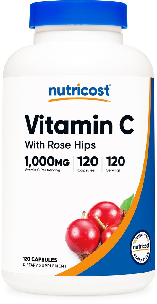 Nutricost Vitamina C con Rosa HIPS 1025mg, 120 cápsulas - Vitamina C 1000mg, Rosa HIPS 25mg, Premium, No GMO, Suplemento Gratis