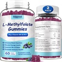 2 Pack L-Methylfolate Gummies with Methyl B12 - Empower Mood, Optimize Brain Health & Fortify Immune System. Cuenta Blueberry Flavor 120.