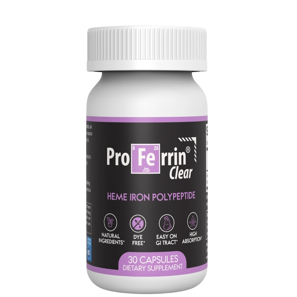 Proferrin Clear 30ct | US Made heme Iron for high Absorption, Easy on GI Tract | Natural, NSF Certified, dye Free