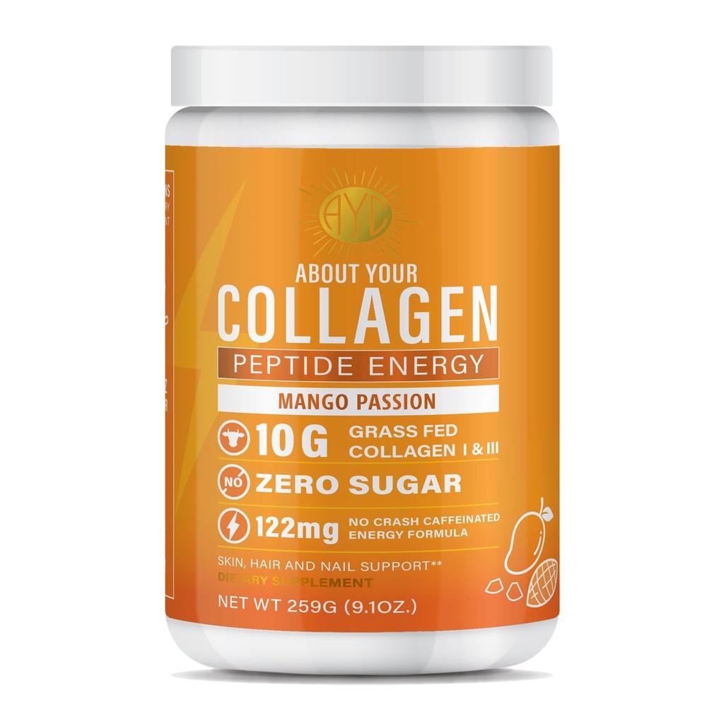 Peptide Energy Collagen Powder Hair, Nail, Skin, Type I & III,Caffeine for Energy, Vitamina C, Biotina, Acid hialurónico, Cero Sugar – 8.92 oz (Mango Passion)