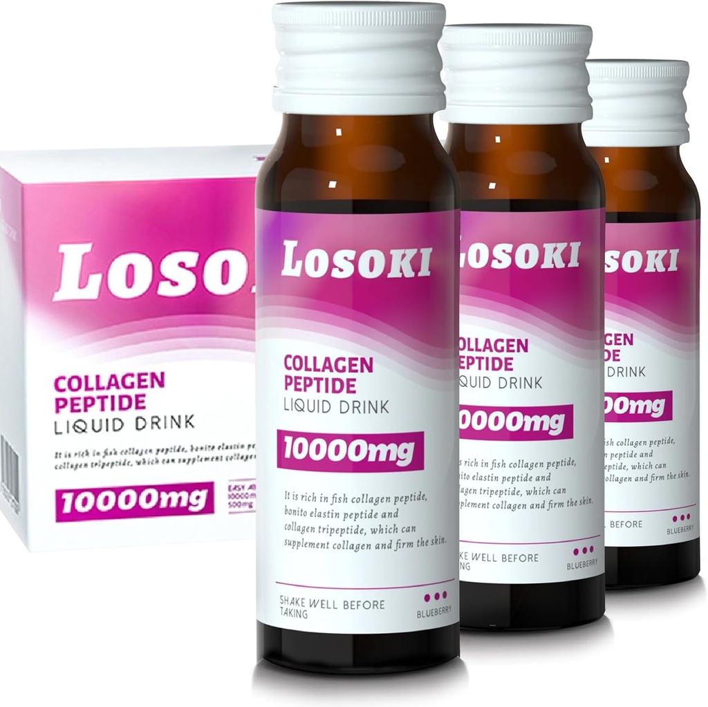 Losoki Líquido Collagen Peptide Drink - 10000mg Hidrolyzed Marine Collagen Peptides with Vitamin C, Premium Blend, Promote Healthy Hair Skin Nails Joints Bones, (1 Box, 10 Bottles)