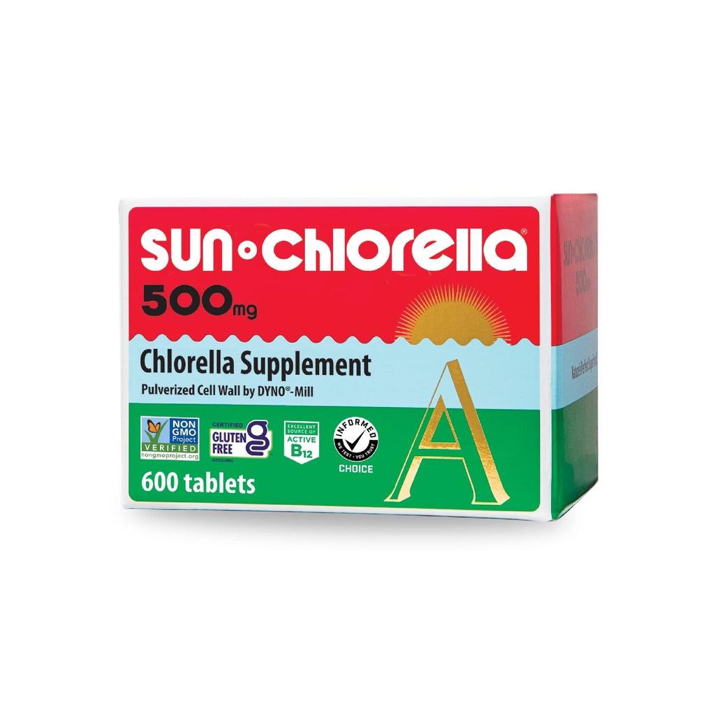 Sun Chlorella 500mg Whole Body Wellness Green Algae Superfood Supplement - Immune Defense, Gut Health, Natural Purification, Energy Boost - Chlorophyll, B12, Iron, Protein - 600 Cuadros