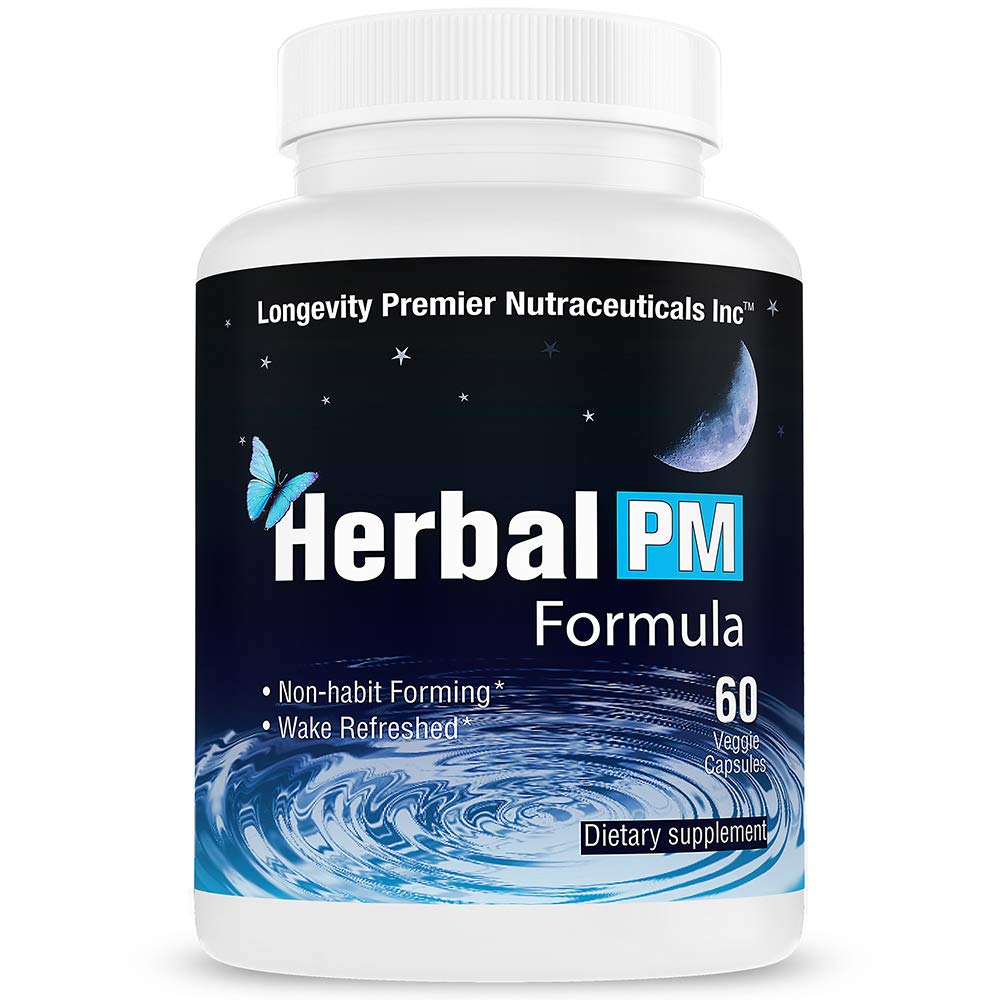 Longevity Herbal PM - Herbal Sleep Formula con 5-htp, melatonina, Valerian &amp; GABA. 60 cápsulas de verduras