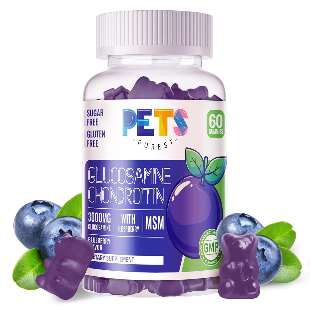 Mascotas Glucosamina Purest Gummies con MSM &amp; Elderberry Extra Strength - Soporte Conjunto, Antioxidante Apoyo Inmunitario Suplemento para Adultos, Hombres &amp; Mujeres.60 Blueberry Gummies