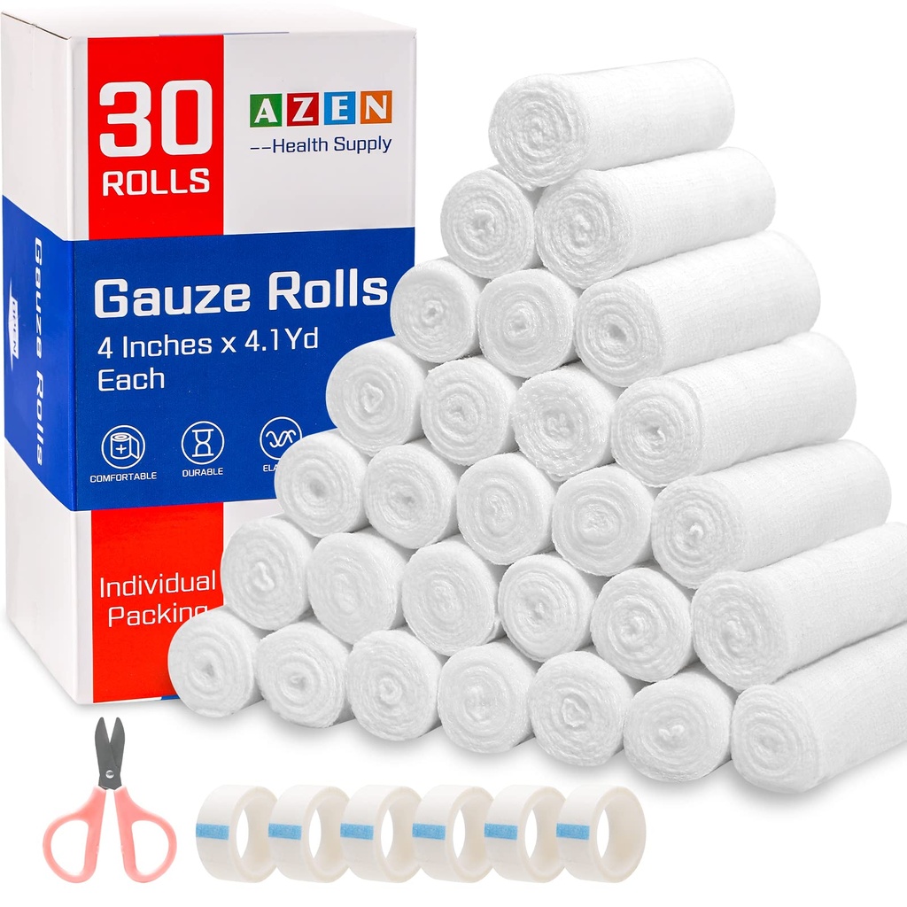 AZEN 30 Pack Gauze Rolls Bandages, 4 en x 4.1 Yards, suministros médicos premium " suministros de primeros auxilios, bandage Wrap Vet Wrap, mamá Wraps