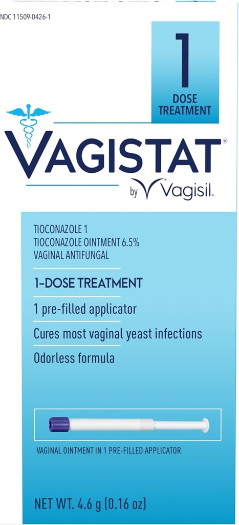 Vagisil Vagistat 1 Día Tratamiento de la infección por levadura de dosis única para las mujeres, ungüento antifúngico ayuda a aliviar la picazón y la irritación externas, 1 Pre-Filled No Touch Vaginal Applicator (Pack of 1)