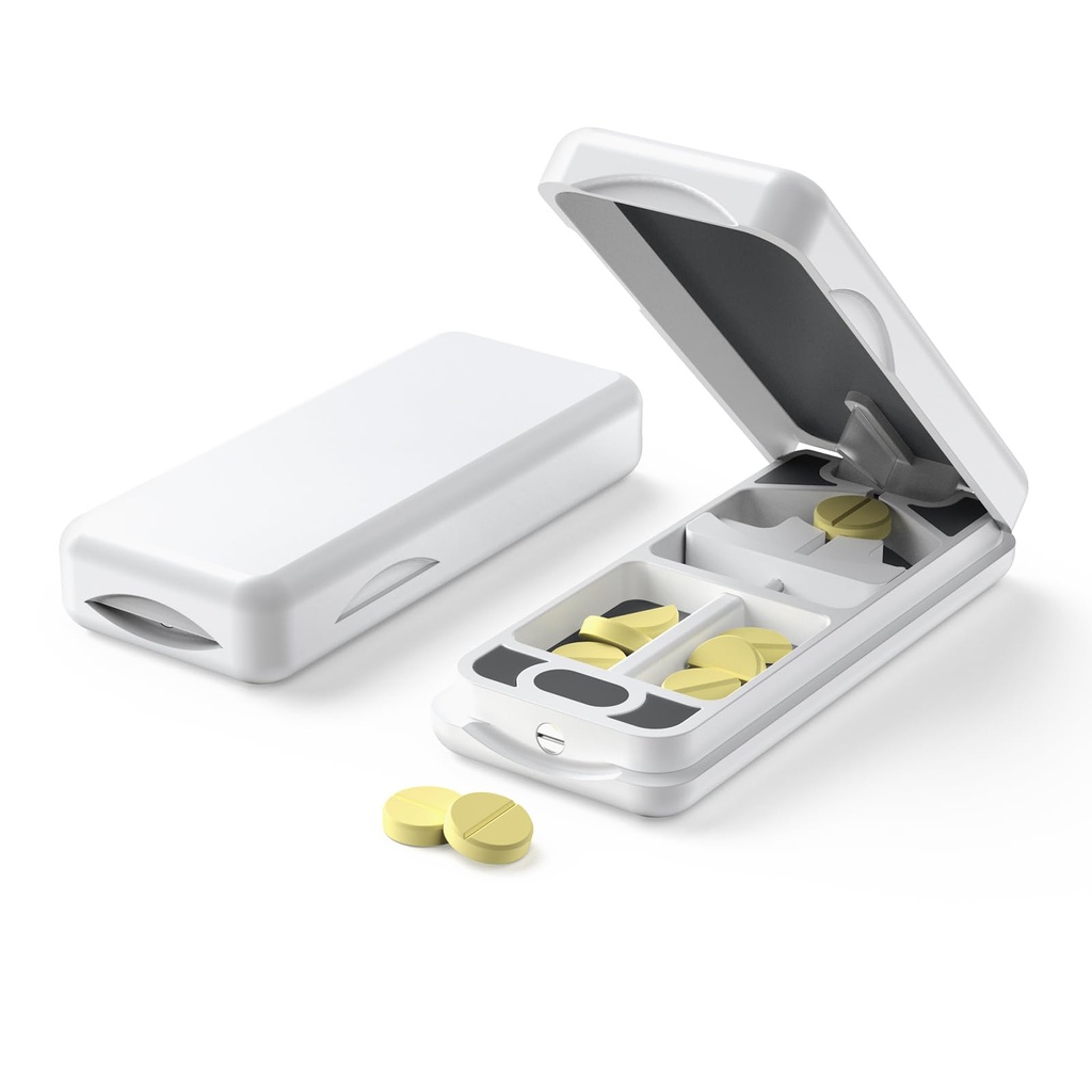 Pill Cutter con dispositivo de centro automático, divisor de aluminio con cuchilla inoxidable 316L, caja de cuero genuino, Divisor de almohadilla profesional para cortar pequeñas o grandes píldoras (Plástico, Blanco)