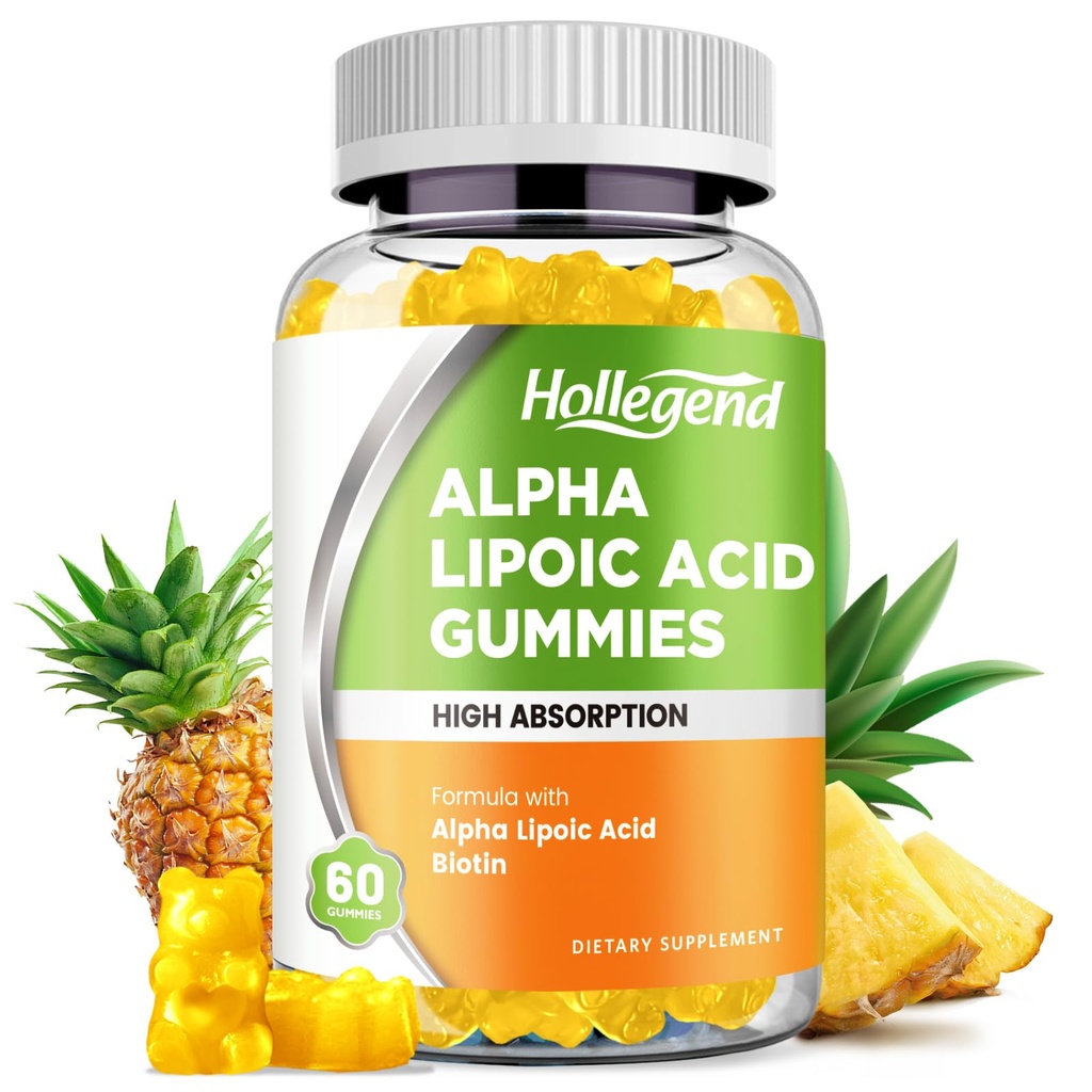 Alfa Lipoic Acid Gummies 1000Mg con Biotina, Alta Absorción ALA Chewable Suplemento para Antioxidante, Salud Cerebro y Apoyo Nerve, Pineapple Flavor, Sugar Gratis, 60 Chews