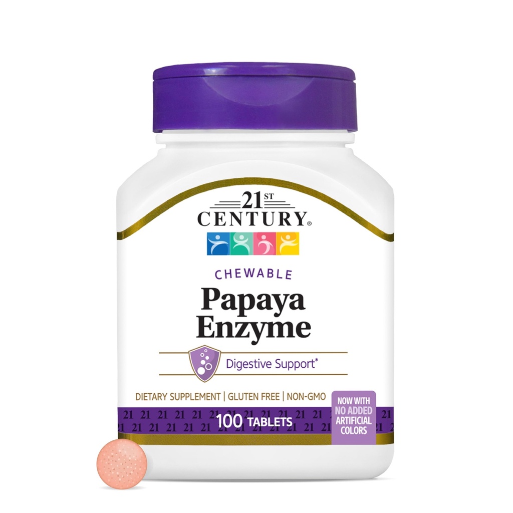 21st Century Papaya Enzyme Chewable (100 Conde), Papaya &amp; Pineapple Digestive Enzymes for Gut Health, Tropical Flavor, Non-GMO, Gluten-Free, No Añadido Sal, Artificial Flavors