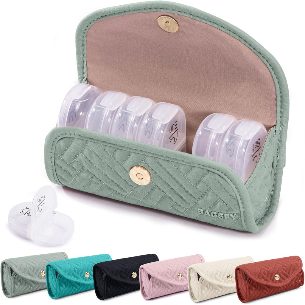 BAGSFY Organizador semanal de píldoras 2 veces al día en un lindo caso de tela, bolsa de medicina, AM PM caja de píldoras 7 días, caja de viaje de medicamentos portátiles para píldoras, vitaminas, aceites de pescado, suplementos.