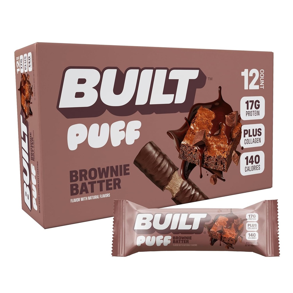 [BRSRMFAZAUFRGHTO] Bar, Puff Protein Bar, Brownie Batter Puff, 17g Protein Snacks, On-The-Go Bars, Sólo 140 Calories, 6g Azúcar, Collagen, Gluten Free, 12 Conde