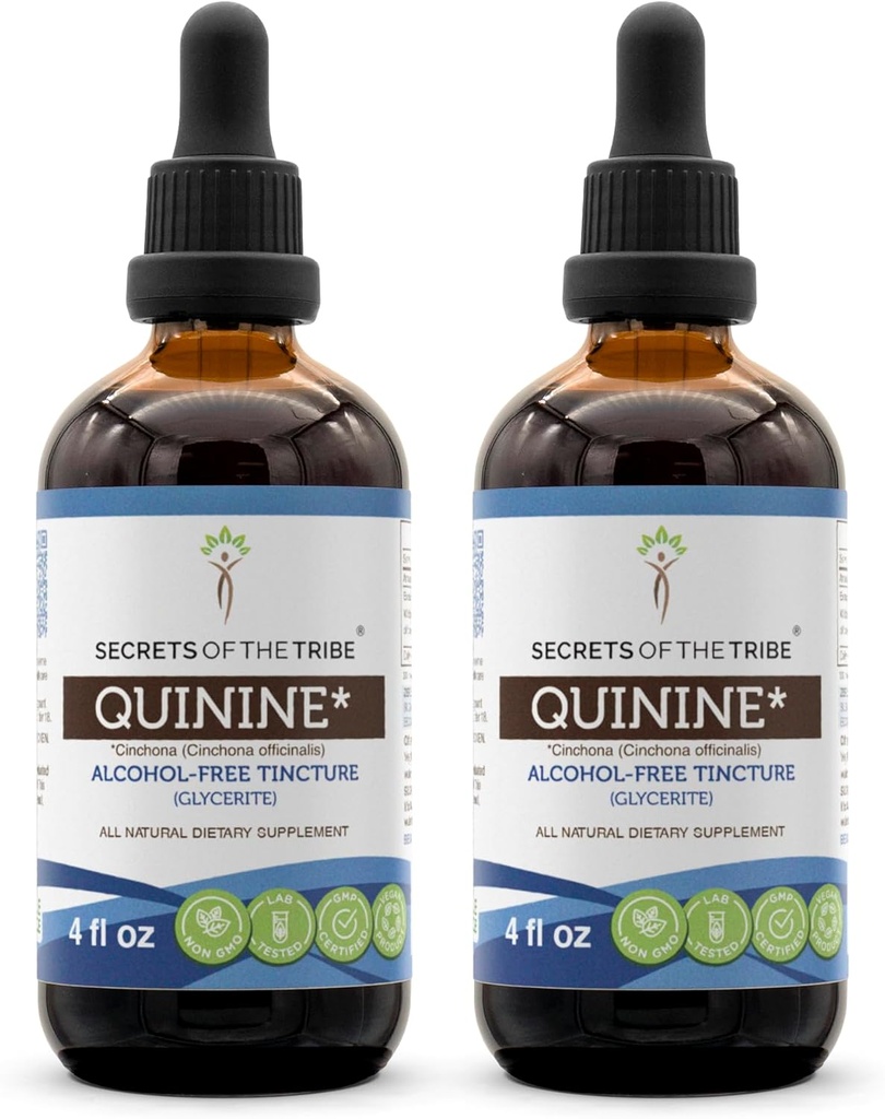 Secretos de la Tribe Quinine Tincture Extracto líquido libre de alcohol, Quinine (Cinchona officinalis) Barco seco (2x4 FL OZ)