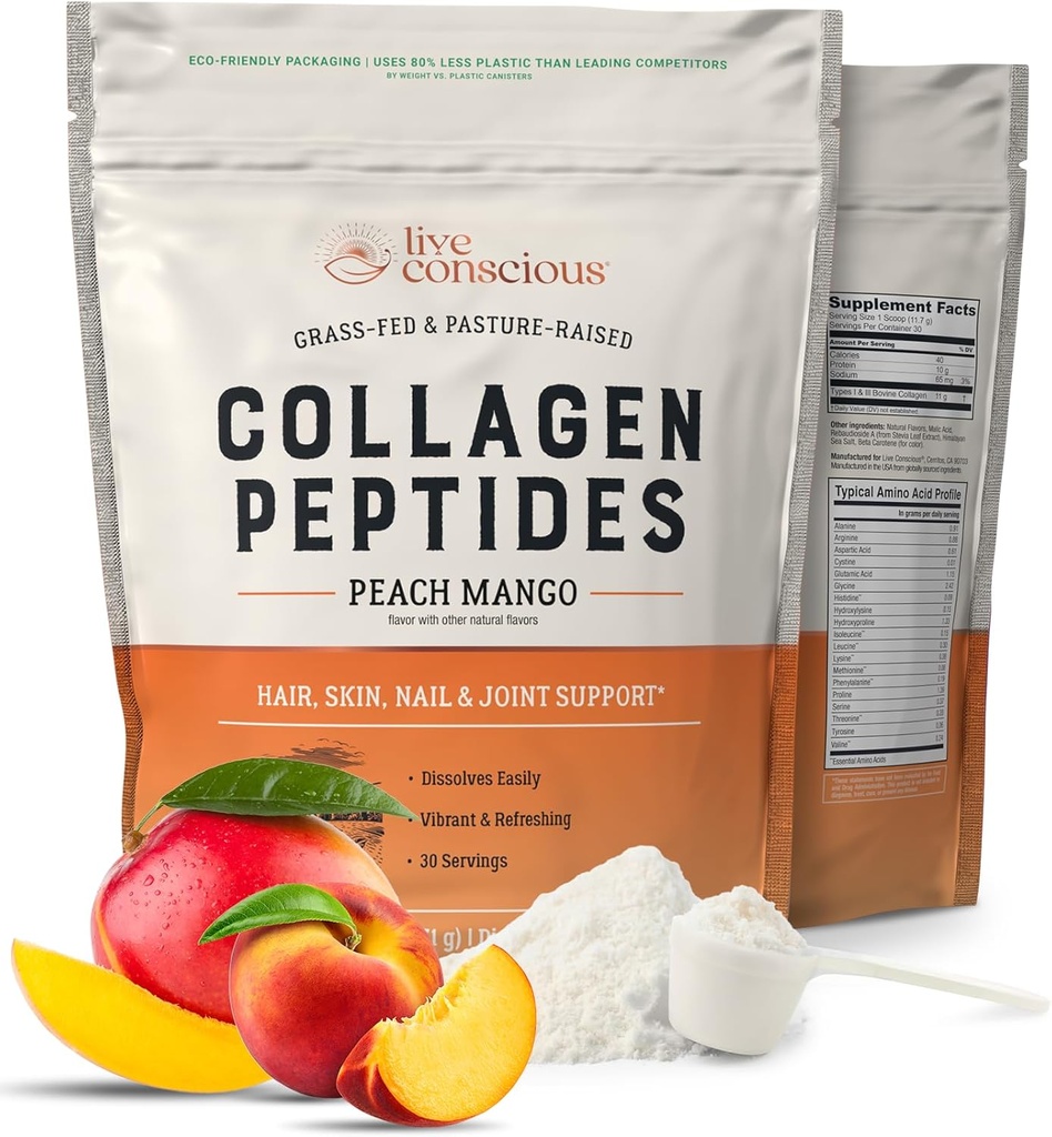 Peptides de Collagen de Consciencia en Vivo Polvo - Peach Mango Flavored Collagen Powder - Pelo, Piel, Nail, & Soporte Conjunto - Tipo I & III Suplementos de Collagen para Mujeres y Hombres - 30 Servir - 12.4oz