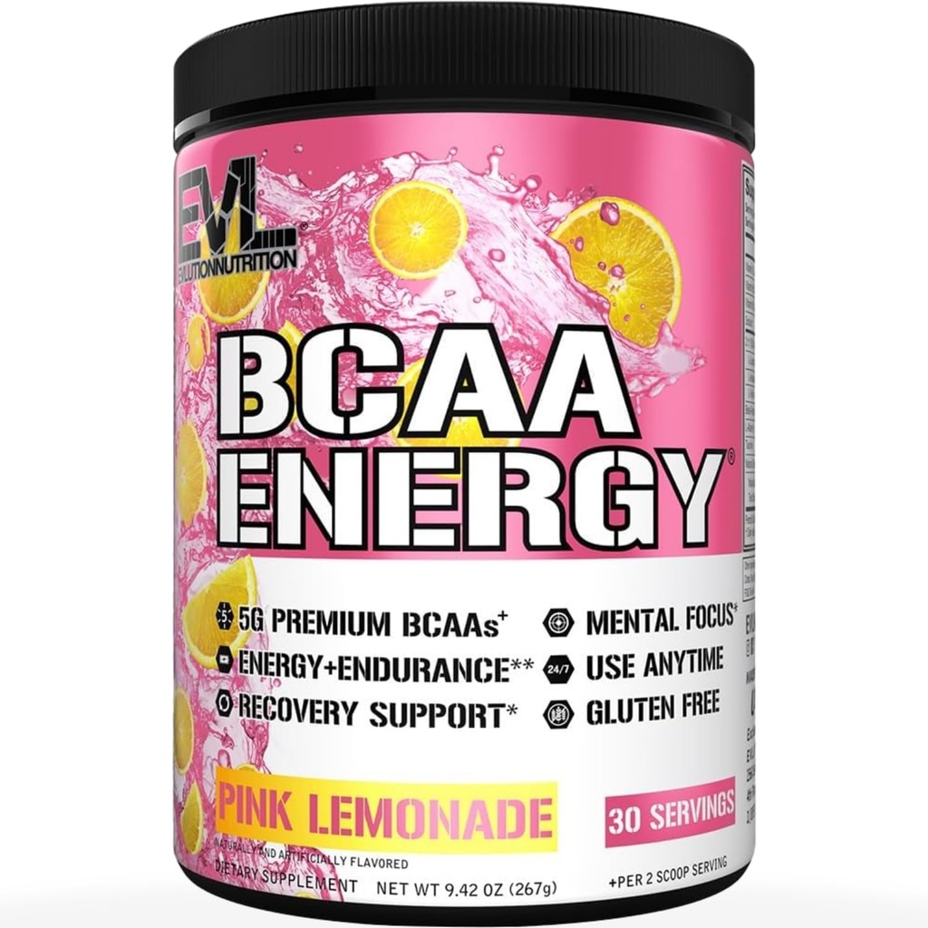 EVL BCAAs Amino Acids Powder - BCAA Energy Pre Workout Powder para la recuperación muscular Crecimiento y resistencia - Rehidratación Post Recuperación Bebida con Caffeine Natural - Limonada Rosa