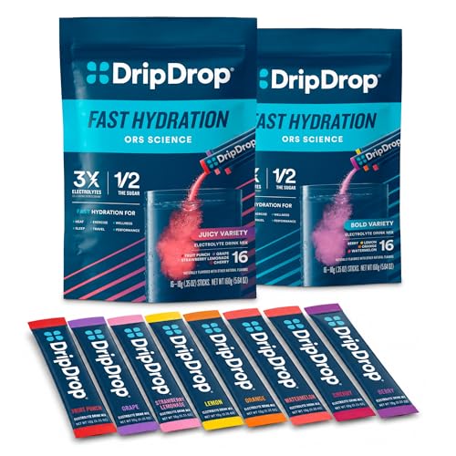 DripDrop Hydration - Electrolyte Powder Packets - Watermelon, Berry, Lemon, Orange, Fruit Punch, Grape, Strawberry Lemonade, Cherry - 32 Cuenta