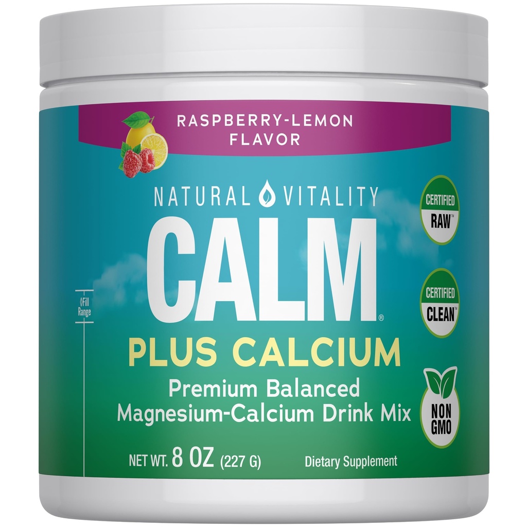 Natural Vitality CALM Magnesium Suplemento Bebida Mix Plus Calcio, Anti-Stress Drink Mix Powder, Con Calcio, Vegetariano &amp; No-GMO, Raspberry Lemon, 8 oz