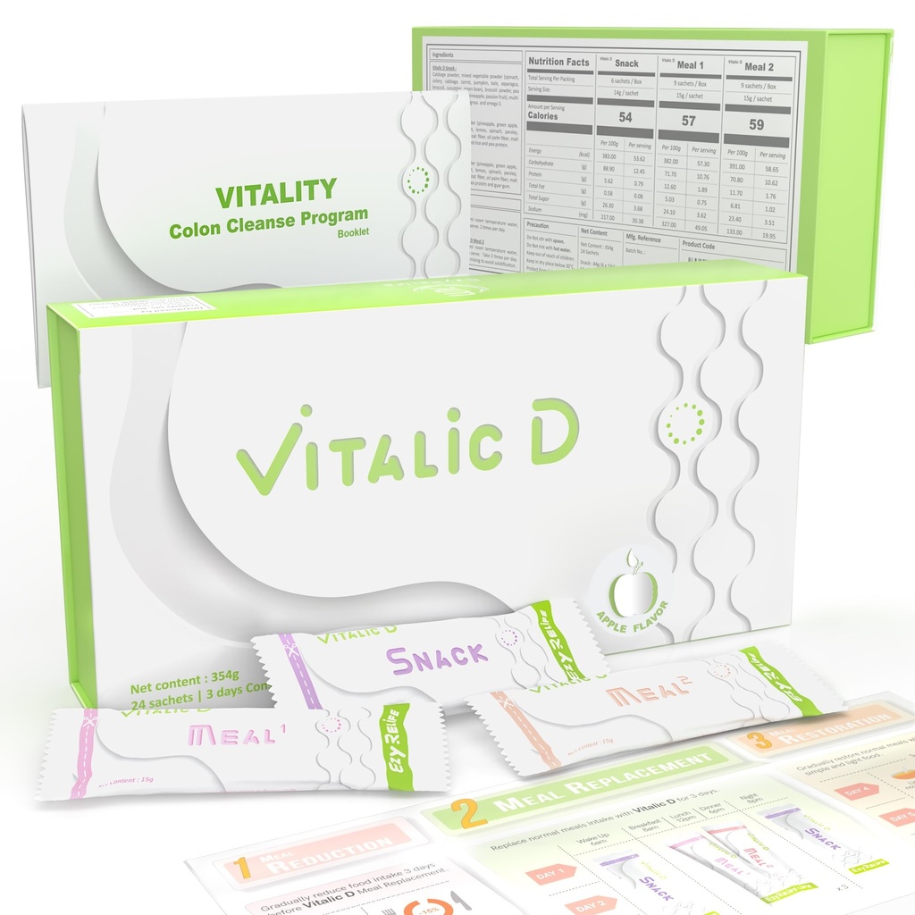 Vitalic D, 3-Day Cleanse Program " Gut Health Support ⋅ Plant-Based Detox Powder Drink for Digestive Reset, Light Feeling " Daily Wellness ← Apple Flavor